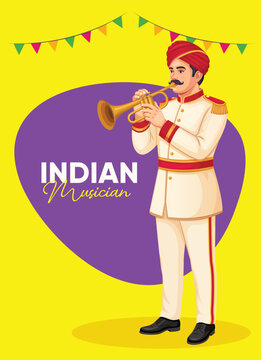 Indian musician playing a traditional Trumpet during a wedding or festival.  Indian Marriage Baraat Symbol, used for wedding invitation