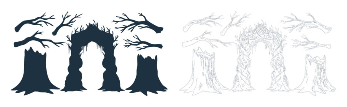 Dry dead tree branch log and stump silhouette bundle vector graphic elements for lumber forest timber nature ecology landscape