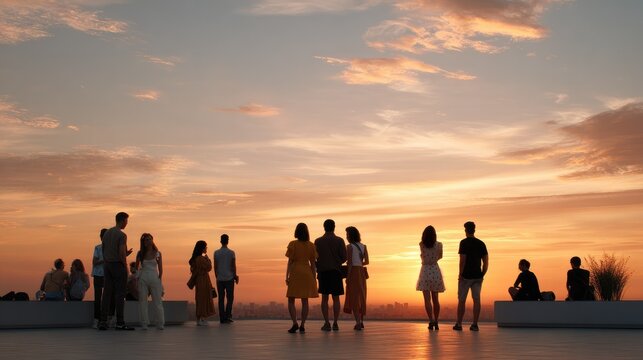 Sunset Serenity: Silhouettes of people stand on a rooftop, gazing at a breathtaking sunset sky painted with hues of orange, pink, and gold.