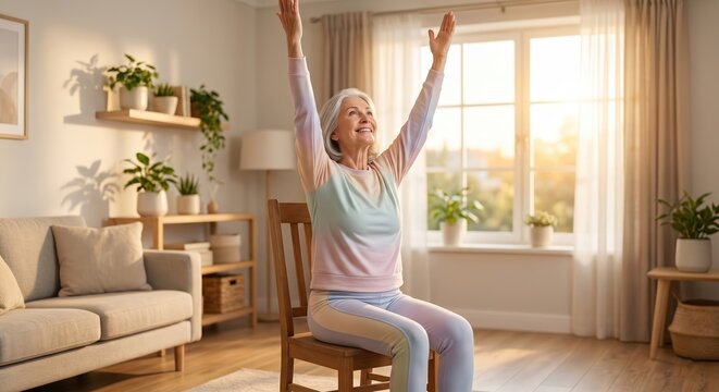 Senior Woman Practicing Gentle Chair Yoga and Stretching in Sunny Living Room
