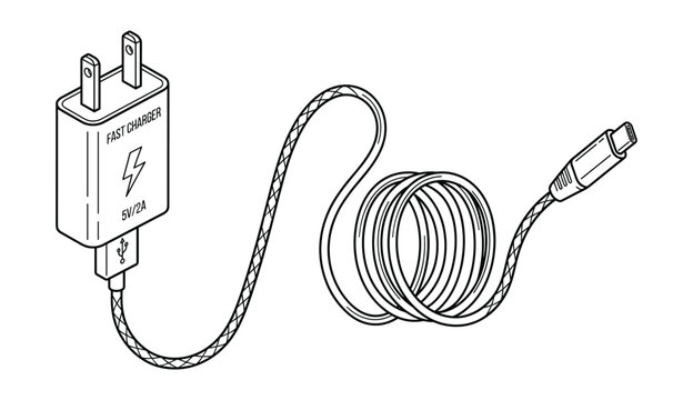 USB charger adapter and coiled cable with USB-C connector.