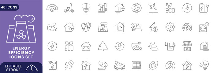 Energy efficiency icon set. Containing energy saving, sustainability, electricity, consumption, house, reduction, lightning. Editable stroke © siyannlum