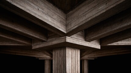 Naklejka premium Striking Brutalist Architecture Detail Featuring Strong Concrete Beams and Pillars, Emphasizing Geometric Shadows and Form Against a Dark Background