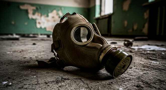 Abandoned gas mask in decayed, forgotten room with peeling walls and debris
