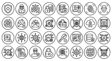 Fototapeta premium Cyber Security and Data Protection Outline Icon Collection with Firewall Identity Verification and AI Defense Elements