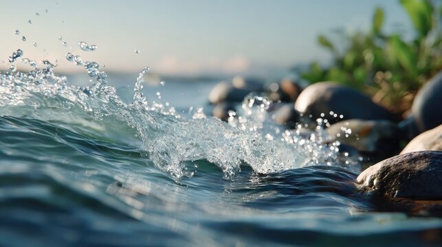 Crystal Clear Waves Crashing on Pebbles: The invigorating splash of clear, blue water meets a collection of smooth, rounded pebbles on a sun-drenched shore.