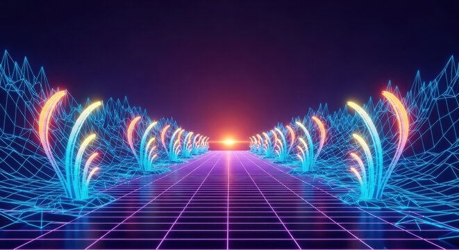 Retro synthwave landscape with glowing neon lights and grid horizon illustration