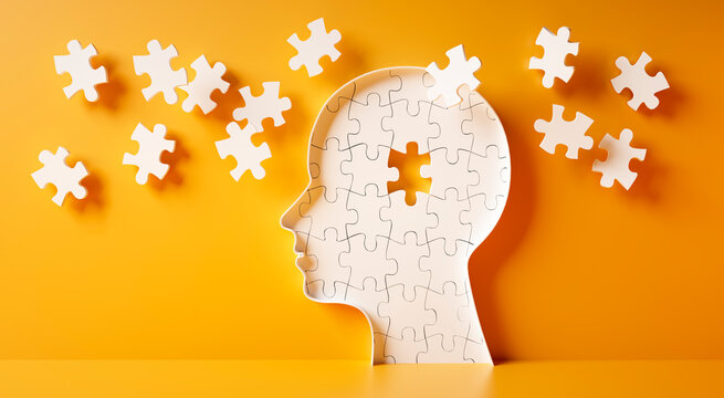 Conceptual artwork showing a 3D silhouette of a head surrounded by group of puzzle pieces, symbolizing mental input, activity, intelligence, or creativity - 3D illustration on blue background