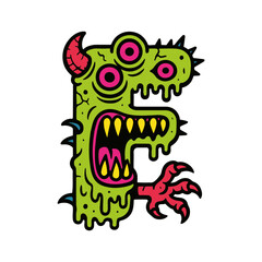 Fototapeta premium Cartoonish monster letter e design with vibrant colors and dripping effect t-shirt design