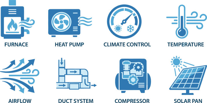 Hvac climate control equipment icons including furnace heat pump temperature airflow duct and solar panel sets.