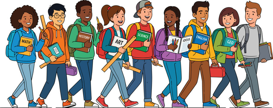 Diverse group of happy students walking with backpacks and school books, multicultural teenagers going to class, colorful cartoon illustration of high school pupils