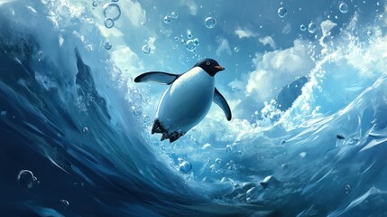 Naklejka premium Gentoo penguin swimming through bubbles in deep blue ocean water.