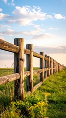 Naklejka premium A weathered wooden fence stretches across a lush green field under a blue sky with scattered clouds