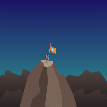 Climber planting flag on mountain peak, success and achievement vector illustration