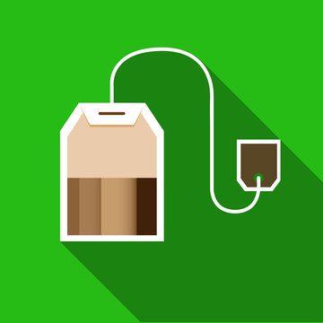 Tea bag with paper tag, flat vector drink icon on green background