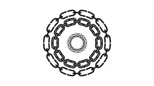 Black chain mechanism rotates on white background. Add looping video to industrial projects. Use for mechanical concepts.