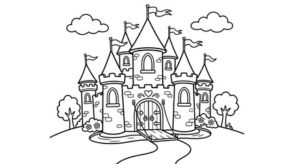 A medieval castle stands majestically on a hill surrounded by trees and clouds. © firman