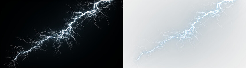Blue and white bright lightning bolt striking the air during a storm in a clear sky with isolated on transparent and black background, light overlay, PNG © Liubov