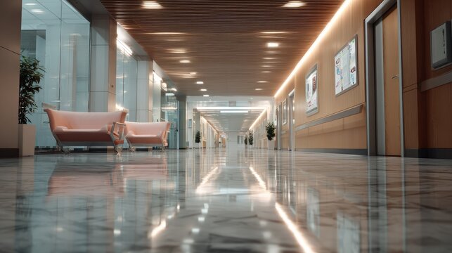 Modern Hospital Corridor: A long, illuminated corridor in a contemporary hospital, featuring polished marble floors reflecting the soft glow of recessed lighting, and modern seating areas.