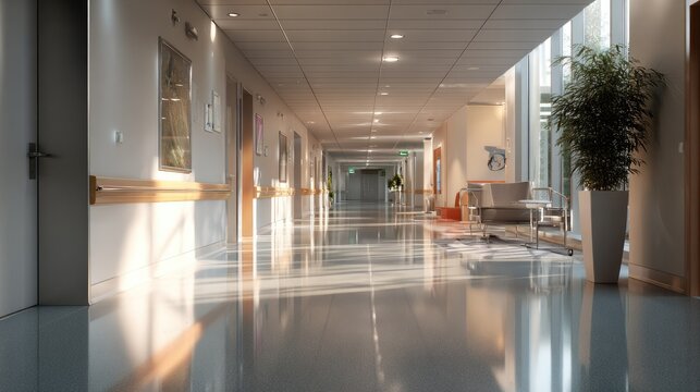 Hospital Corridor Sunlight: A long, empty hospital corridor bathed in warm, natural sunlight streaming through the windows, highlighting the polished floor and inviting a sense of calm and serenity.