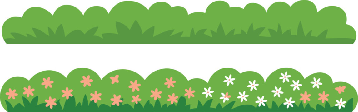 Green bush vector borders set with blooming spring flowers grass elements isolated on a clean white background