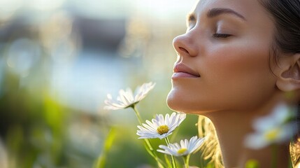 Fototapeta premium woman inhaling fresh air peaceful nature scene daisy flowers