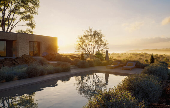 Modern house with reflective pool at sunset