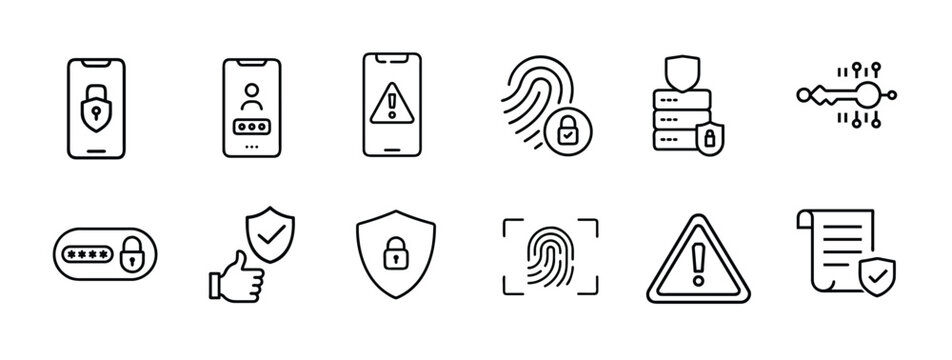 Mobile security user authentication data safety web line icons set smartphone lock login password fingerprint scanner & more vector illustration with editable stroke