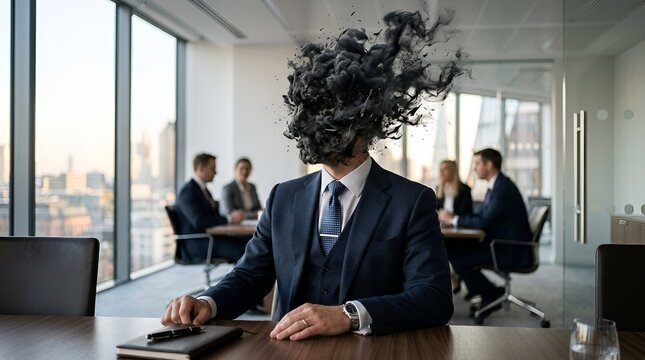 Businessman exploding into black smoke office meeting, mental breakdown, stress, burnout