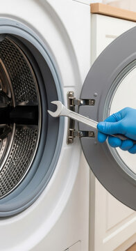 Woman hand in blue glove holding wrench near washing machine drum. Household appliance repair service. Maintenance concept.