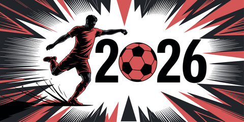 Obraz premium Dynamic soccer player action illustration kicking a ball with 2026 text, featuring a powerful speed and energy burst graphic style.