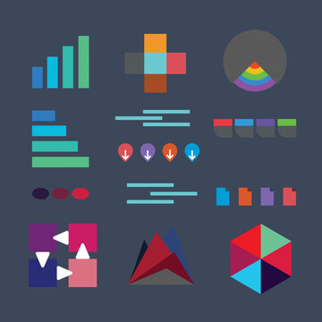 Infographic design elements set, bar charts, arrows, icons on dark background