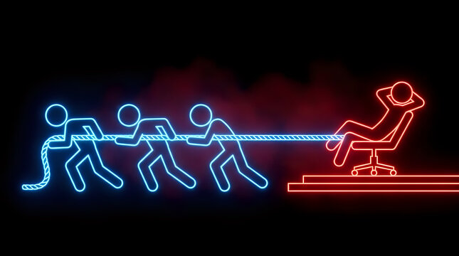 Three neon stick figures pulling a rope against one resting on a chair with hard work conflict teamwork business