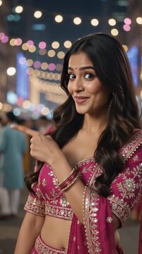 Beautiful Indian Woman Playing Dandiya Raas During Navratri Festival Celebration