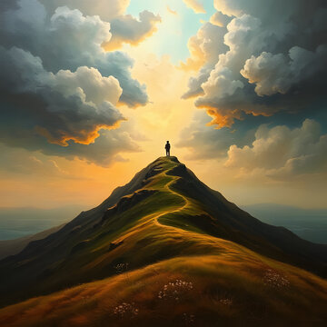 Man standing on top of mountain peak looking at dramatic sunset sky, concept of success, leadership, achievement and future goals