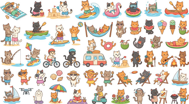 Cute Cartoon Cat Character Activity Collection Set with Summer Vacation, Sports, Travel and Daily Life Vector Illustration Isolated on White Background