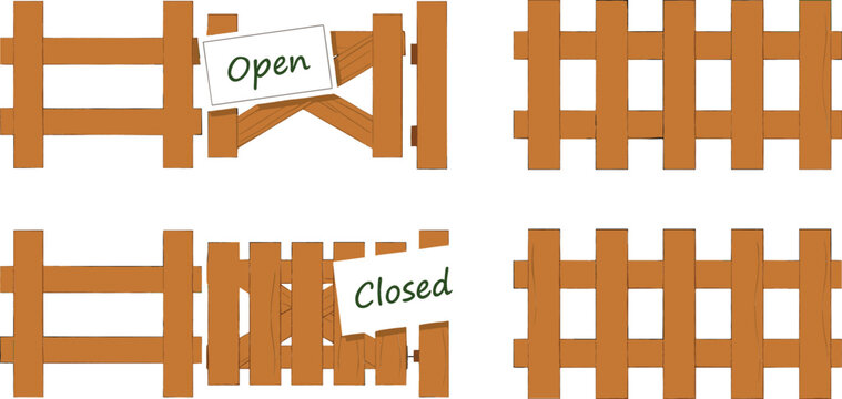 Wooden Fence Vector Set with Open and Closed Gates and Signboards for Rural Farm Garden and Residential Property Border Graphic Designs