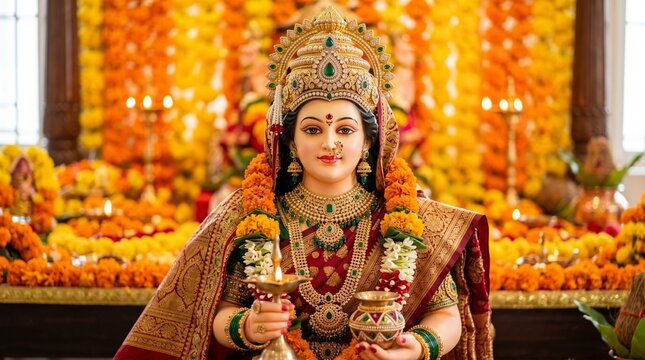 Gauri Puja, Close-up of a beautifully decorated Goddess Gauri idol, featuring intricate gold jewelry with emerald accents and a traditional silk saree,
