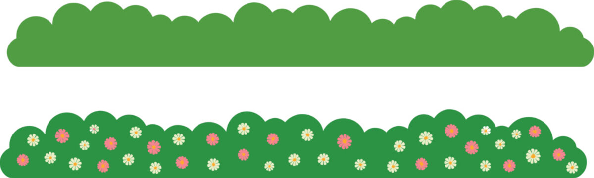 Green bush vector borders set with blooming spring flowers grass elements isolated on a clean white background