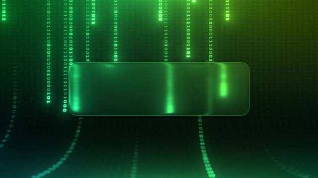 Green Matrix Binary Code Digital Technology Background with Liquid Glass Frame for Text, Futuristic Cyber Security Data Stream, AI Neural Network Hologram Banner Template 4K