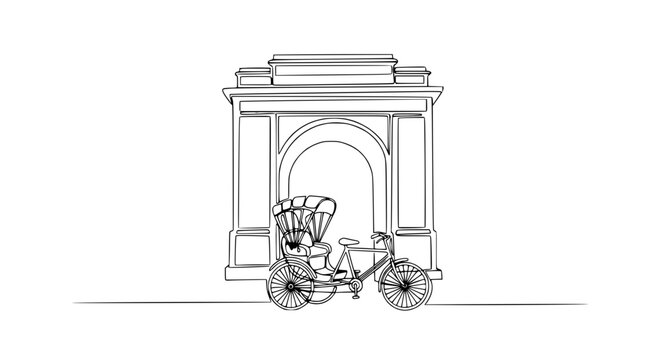 Hand-drawn sketch of a cycle rickshaw in front of an archway, Delhi India
