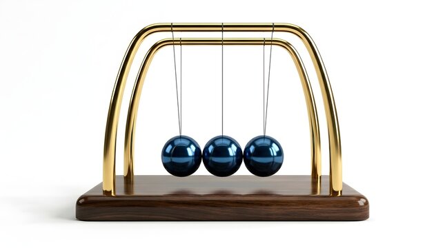 Newton cradle with three blue balls isolated on white background