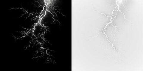 White lightning strikes isolated on transparent and black background with gray tones showing branches of electric discharge, light overlay, PNG © Liubov