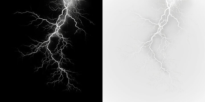 White lightning strikes isolated on transparent and black background with gray tones showing branches of electric discharge, light overlay, PNG