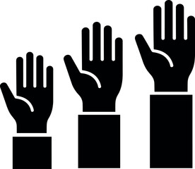 Fototapeta premium Raised hands vector icon with three black silhouettes of human palms up representing community volunteering or voting