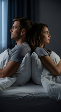Upset man and woman sitting back to back in bed at night. Couple experiencing relationship difficulties and insomnia, showing sadness and disagreement.