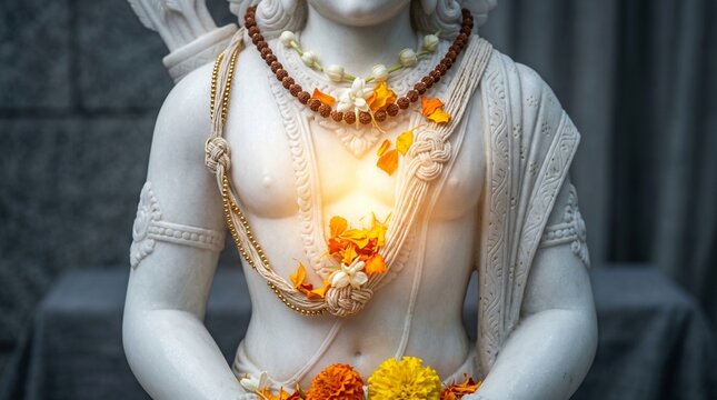 Prana Pratishtha, Minimalist composition of a white marble idol's torso, a soft golden light emanating from the heart area