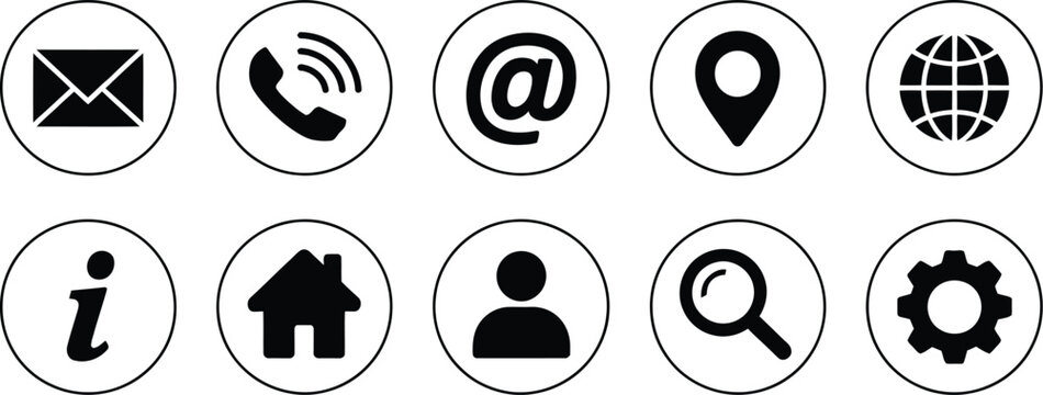 Contact UI icons set, vector interface elements for email phone location profile search and settings in modern web design style.