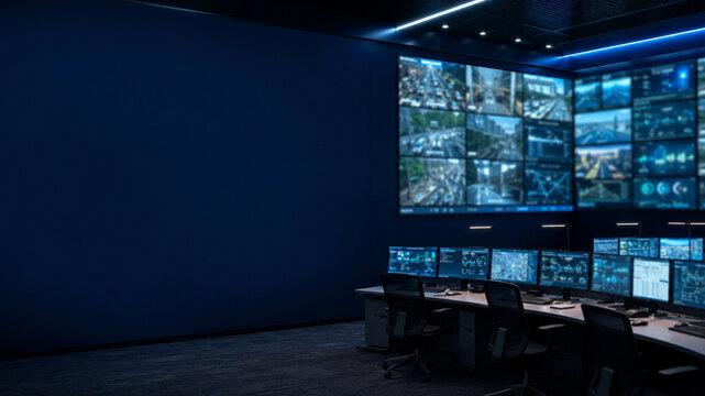 Security monitoring control room with video screens and copy space