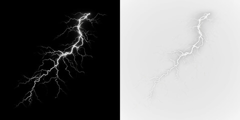 White lightning bolt striking down against isolated on transparent and black background with branching lines extending in various directions, light overlay, PNG © Liubov